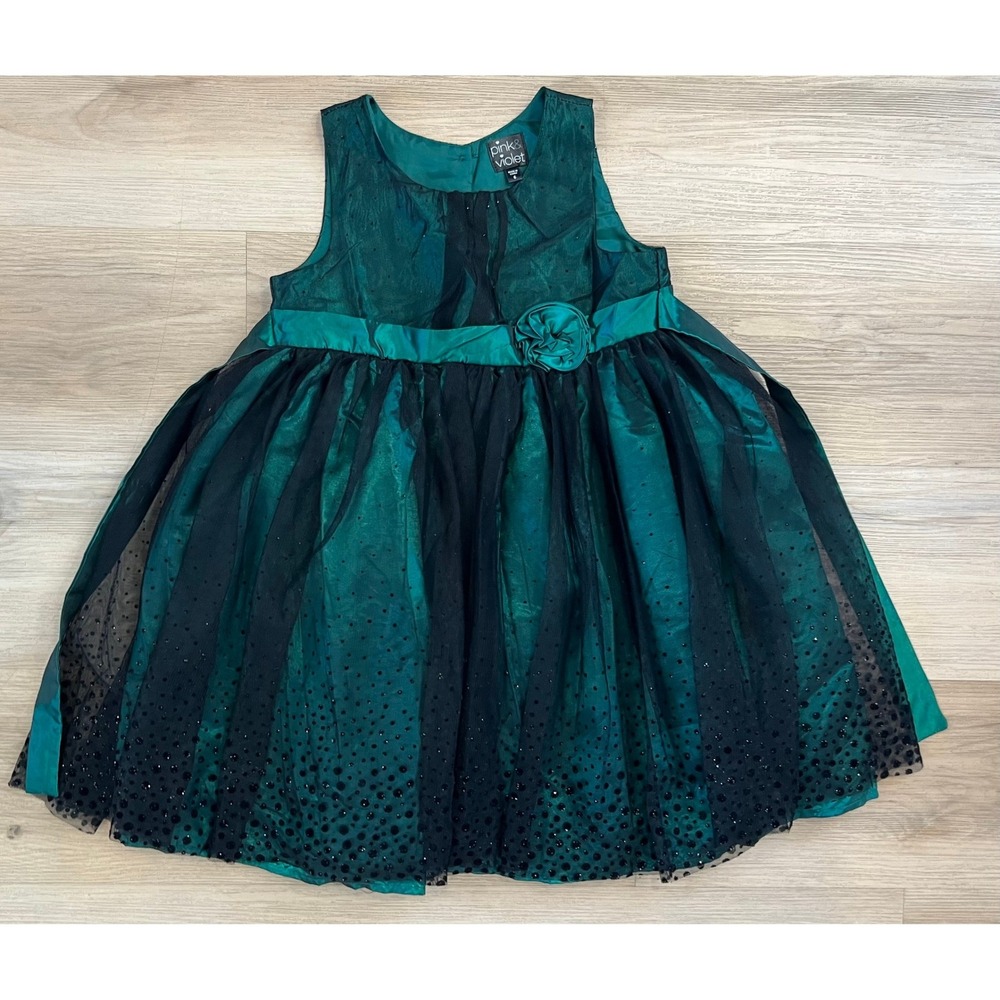 Girls Fancy Dress size 6 Green Black Jeweled